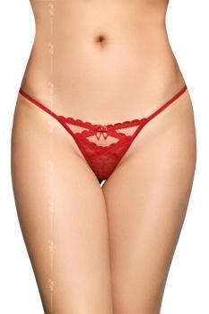 Tanga rosso in pizzo a pois con fiocchi e pendenti.