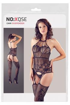 Catsuit a rete ricamata con motivi in pizzo.