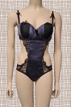 Body in satin e pizzo. Blu-nero
