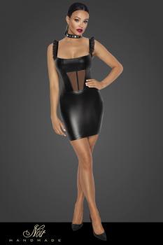 Abito corto in tessuto Powerwetlook con inserto in tulle davanti.