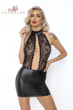 Abito corto in Powerwetlook con top in pizzo.